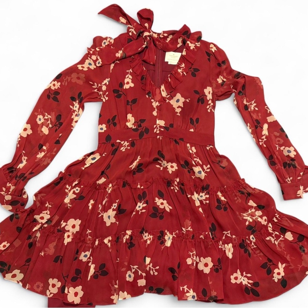 Kate Spade Red Floral Tiered silk Dress Bow Neck Romantic Size 2 - Picture 6 of 8